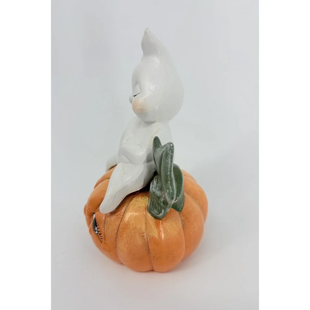 Vintage Ceramic Halloween Ghost with Jack-o-Lantern Pumpkin Figurine